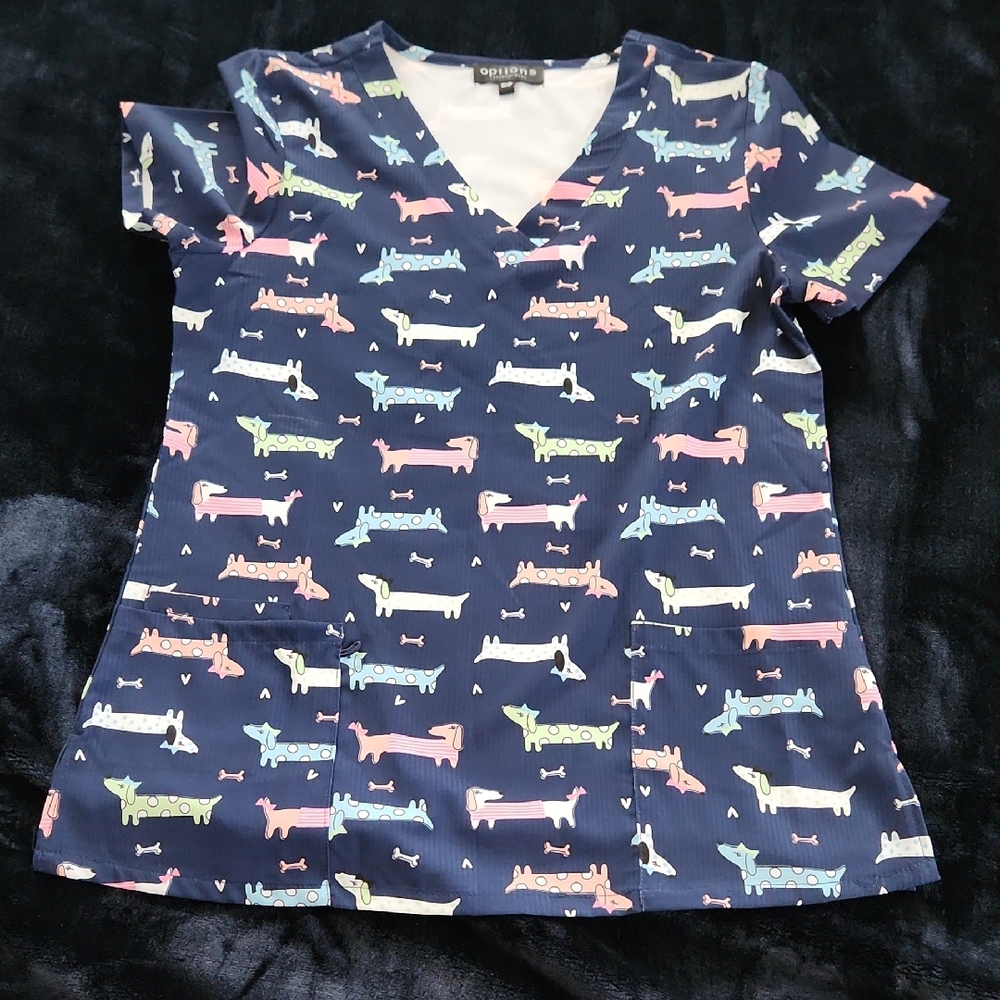 Options Blue Dog Pattern Scrub Top Sz SM